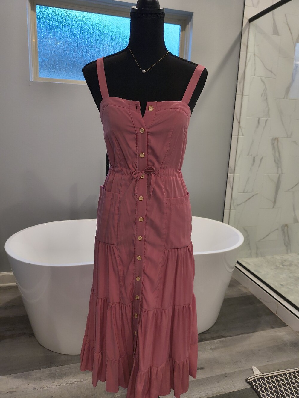 Pink Button-Front Tiered Sundress with Pockets